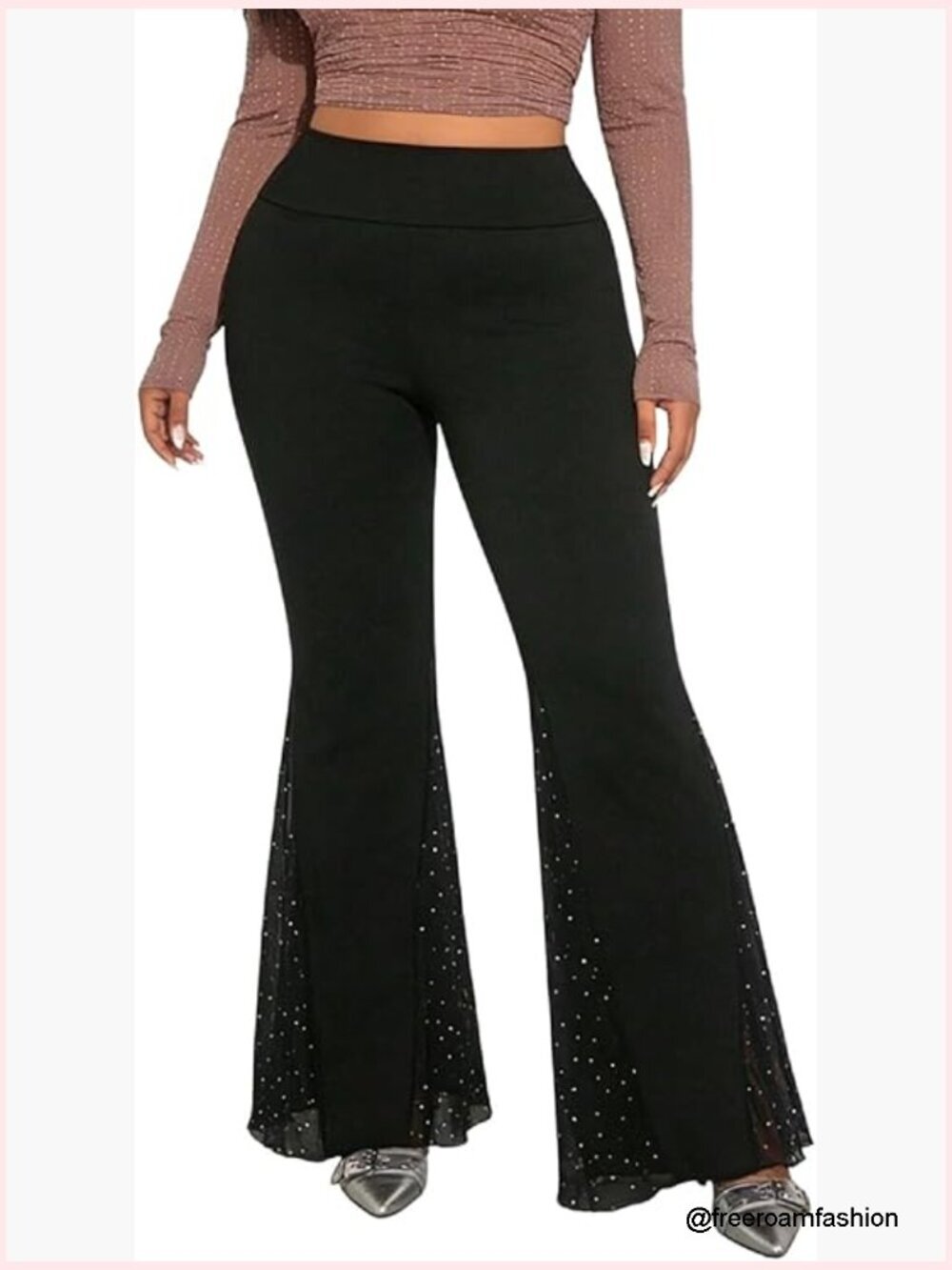 Plus Size Bell Bottom Pants 70s Sequin High Waist Mesh Flare Pants Disco
